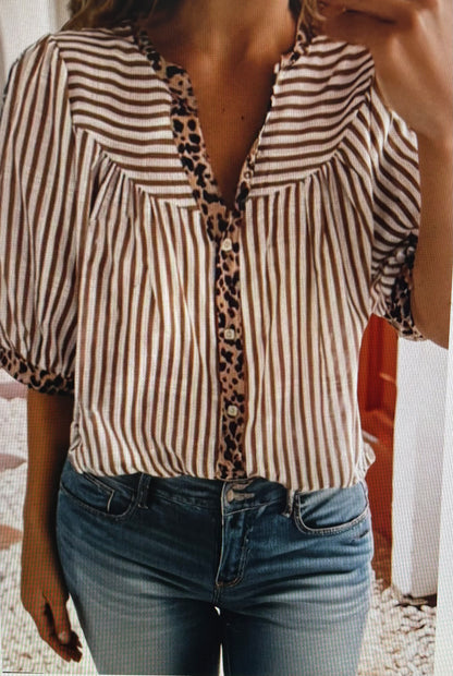 Leopard Trim Button Down Top