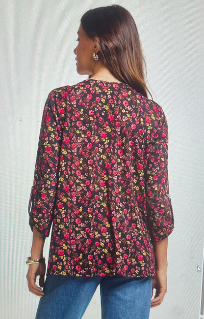 Black Floral Button Detail Top