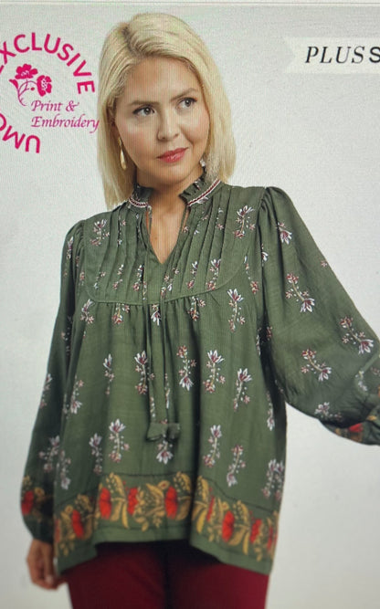 Forest Green Floral Boho Top PLUS