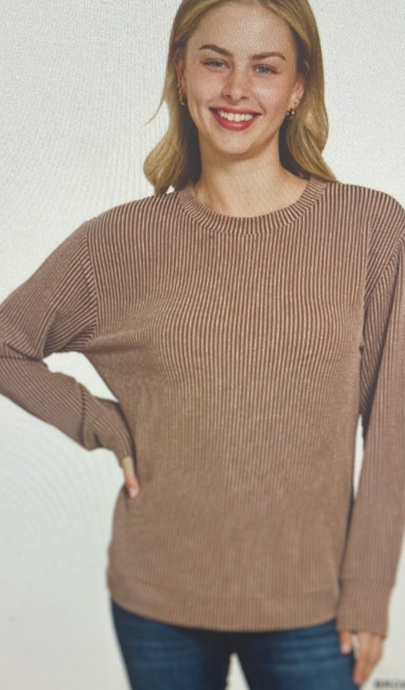 Brown Ribbed Long Sleeve Top PLUS
