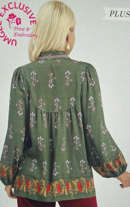 Forest Green Floral Boho Top PLUS