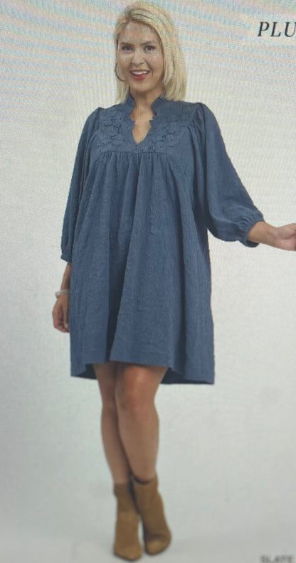 Slate Blue Floral Detail Dress PLUS