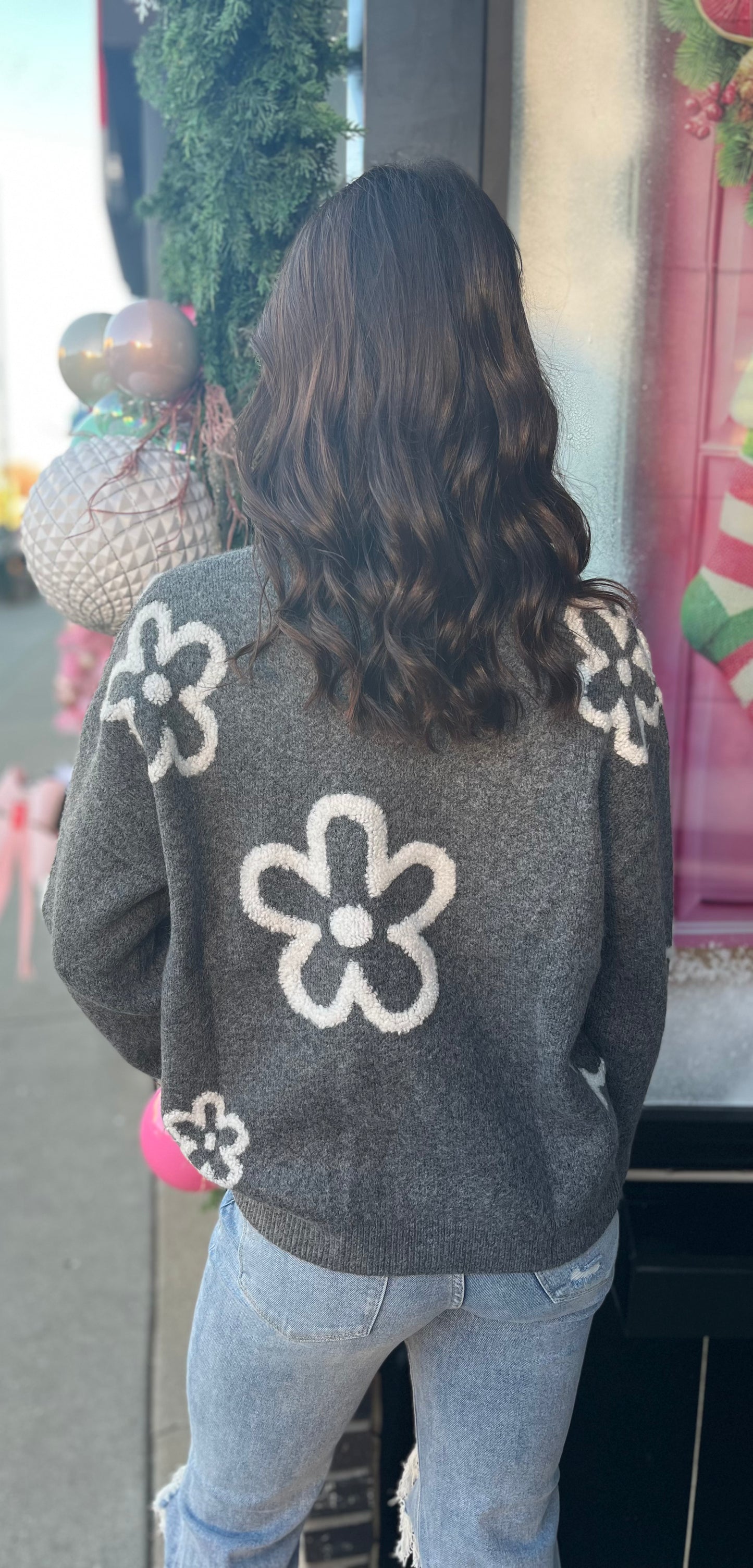 Charcoal Sweater w/Floral Accents