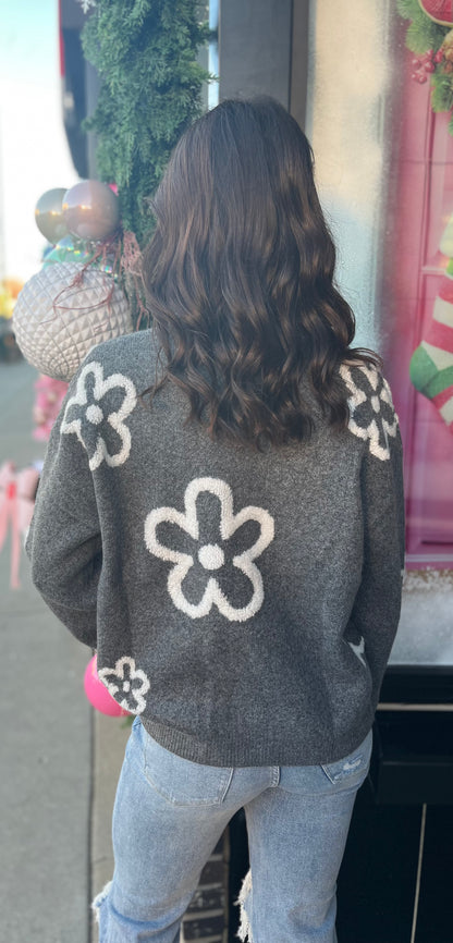 Charcoal Sweater w/Floral Accents