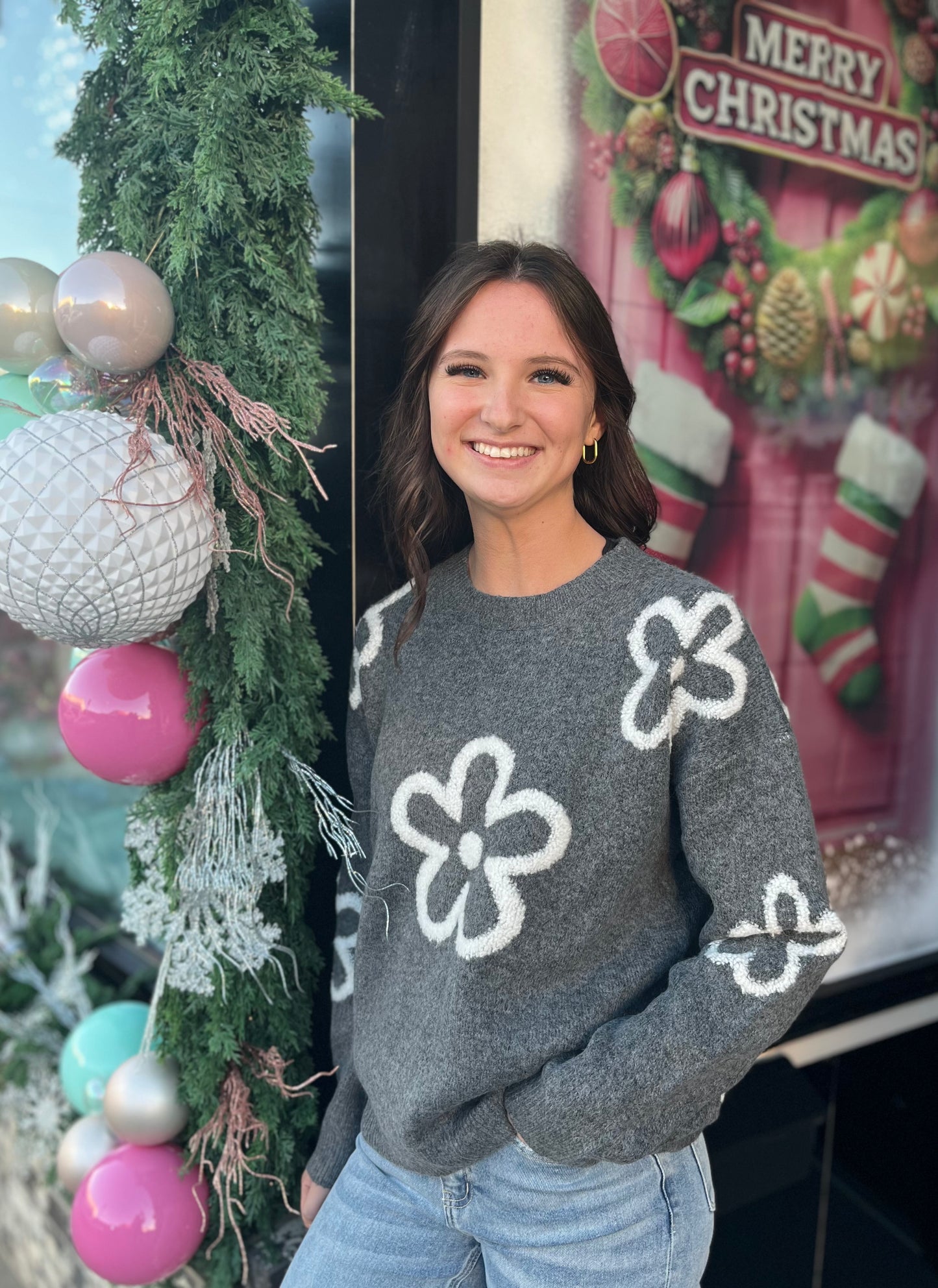 Charcoal Sweater w/Floral Accents