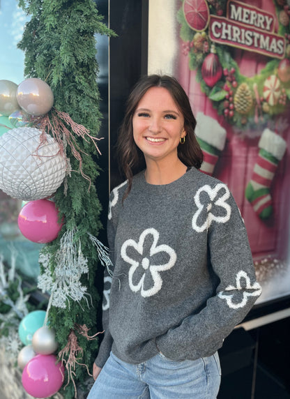 Charcoal Sweater w/Floral Accents