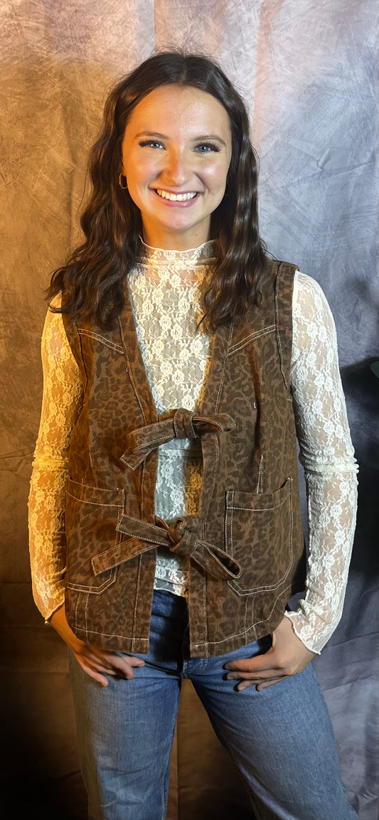Washed Animal Print Tie Vest
