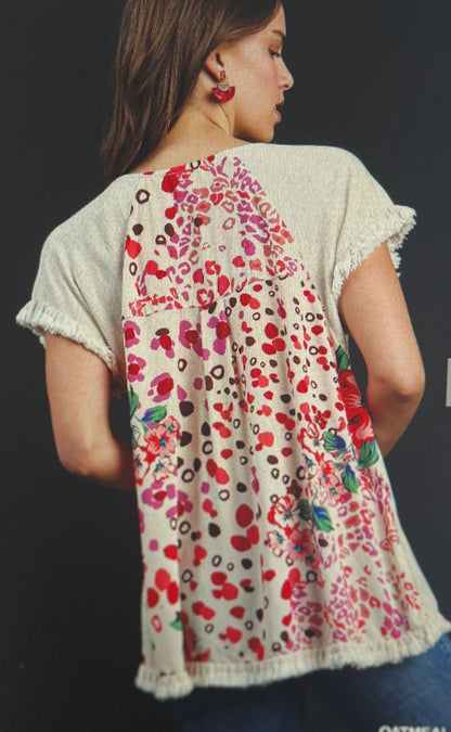 Floral Oatmeal Linen Blend Top