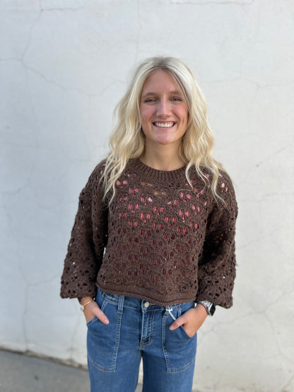 Brown Keyhole Crop Knit Sweater