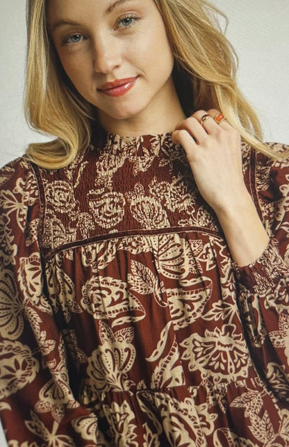 Brown Mix Smocked Mini Dress