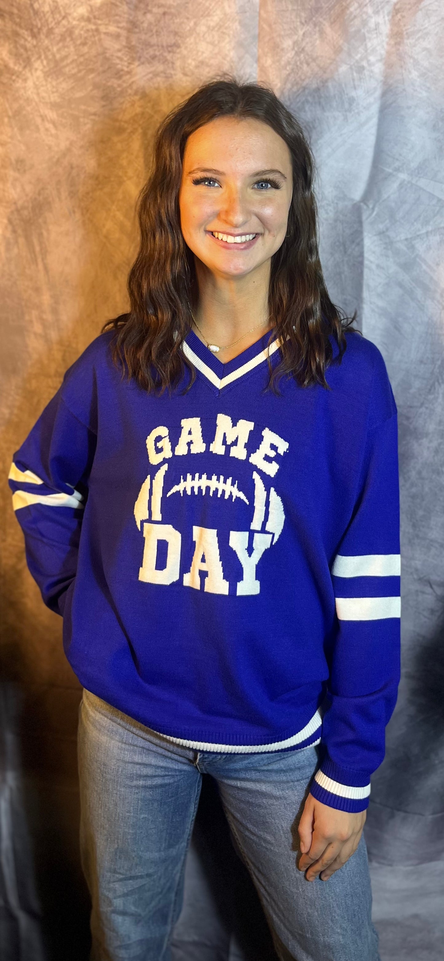 Blue Varsity V-Neck Sweater Top