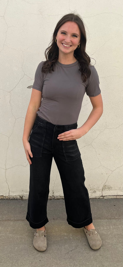 Black Super Soft Baggy Cuff Wide Leg Jean