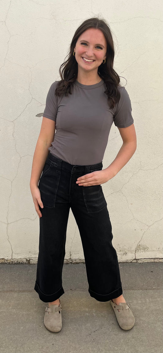 Black Super Soft Baggy Cuff Wide Leg Jean