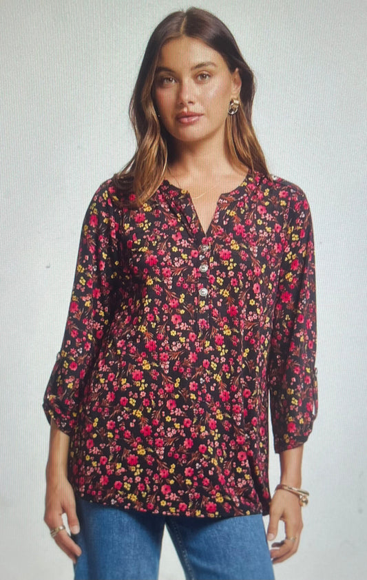 Black Floral Button Detail Top