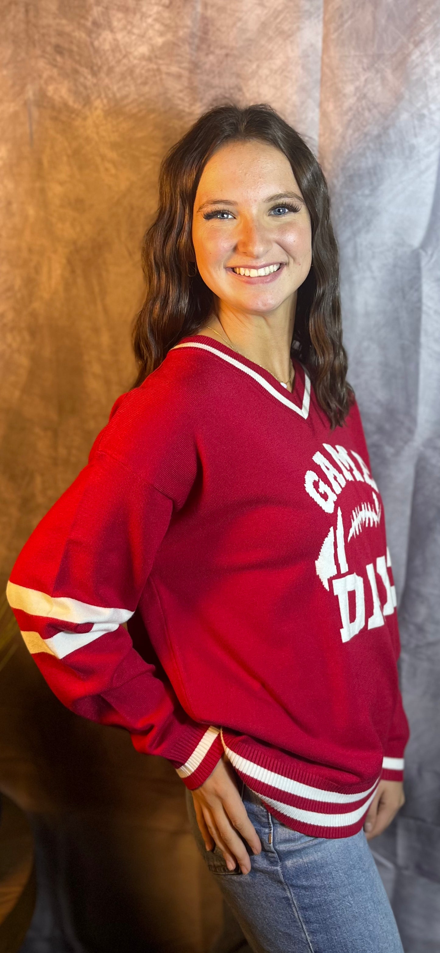 Red Varsity V-Neck Sweater Top