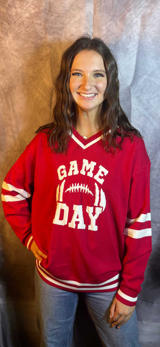 Red Varsity V-Neck Sweater Top