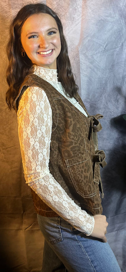 Washed Animal Print Tie Vest
