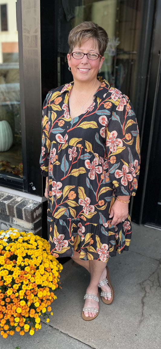 Black Floral Mix Mini Dress PLUS