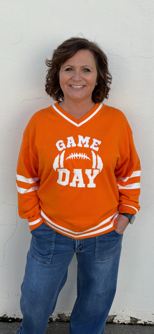 Orange V Neck Varsity Sweater Top
