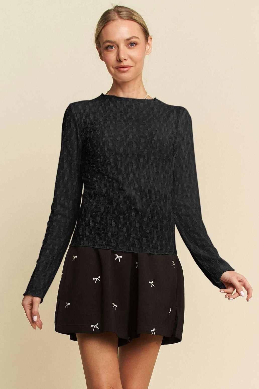 Long Sleeve Sheer Lace Top w/Bows