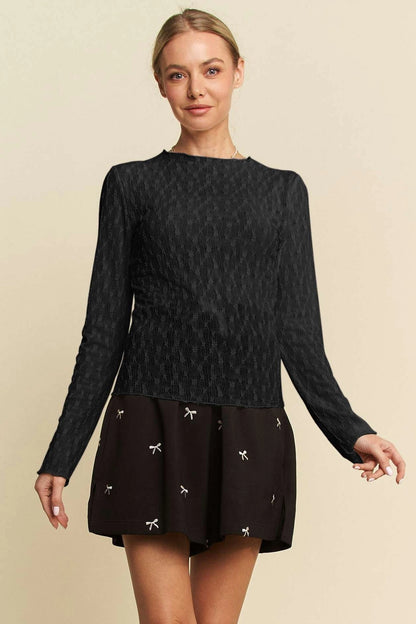 Long Sleeve Sheer Lace Top w/Bows