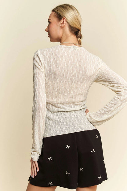 Long Sleeve Sheer Lace Top w/Bows