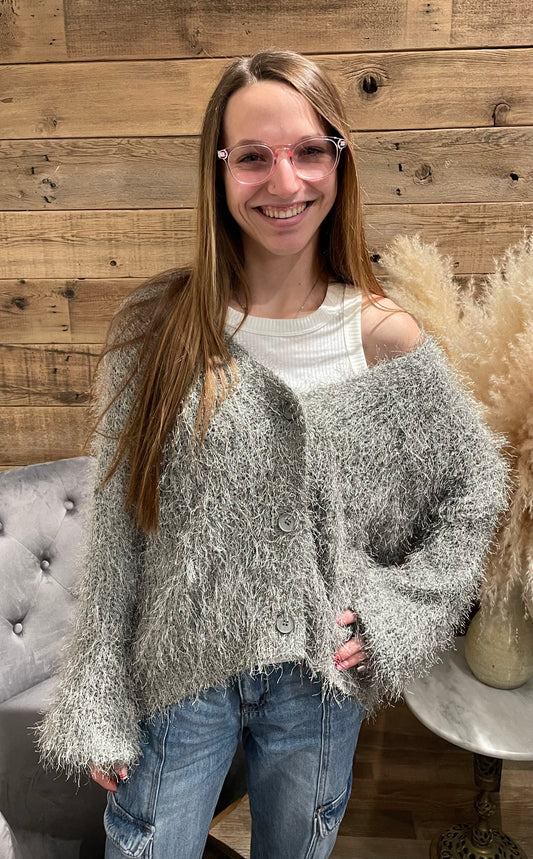 Oversized Fuzzy Balloon Sleeve Cardigan