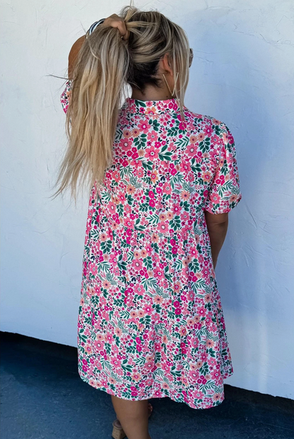 Pink Floral Short Dress - Plus Size