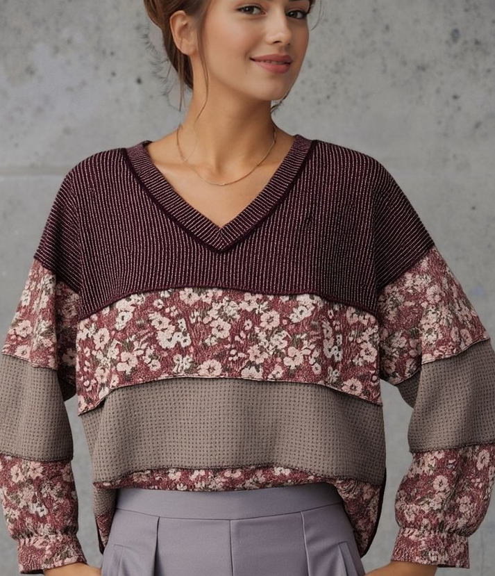Burgundy Floral Color Block Rib