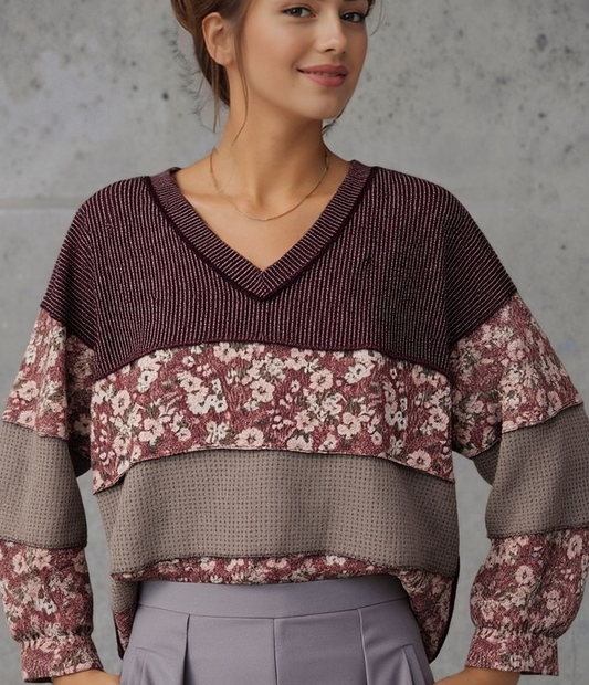 Burgundy Floral Color Block Rib