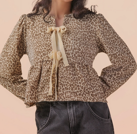 Leopard Print Front Tie Blouse