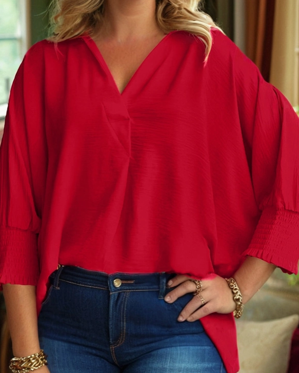 Fire Red Smock Cuff Top PLUS