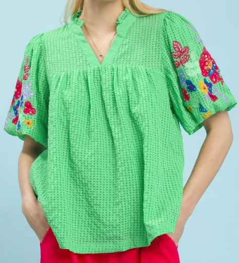 Embroidered Puff Sleeve Top