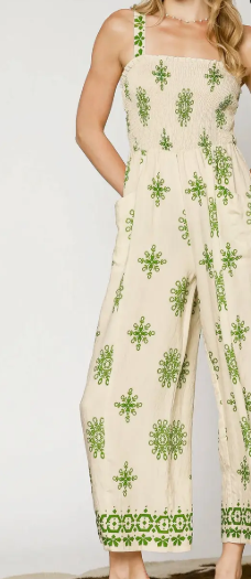 Boho Border Print Smocked Jumpsuit