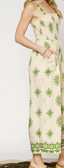 Boho Border Print Smocked Jumpsuit