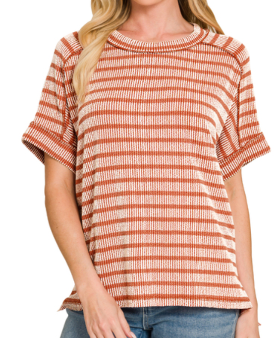 Ribbed Striped Exposed Seam Top