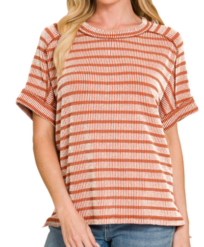 Ribbed Striped Exposed Seam Top