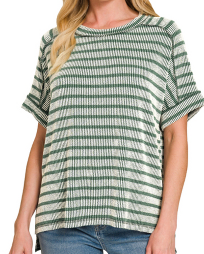 Ribbed Striped Exposed Seam Top