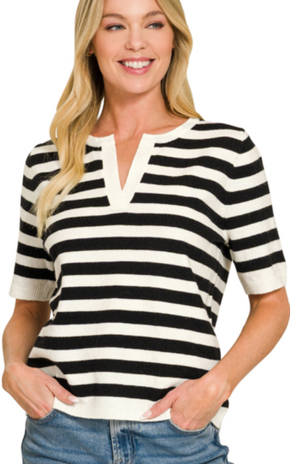 Split Neck Stripe Sweater Top