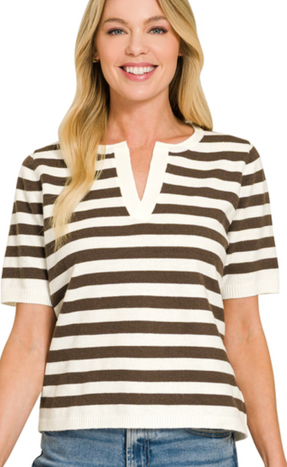 Split Neck Stripe Sweater Top