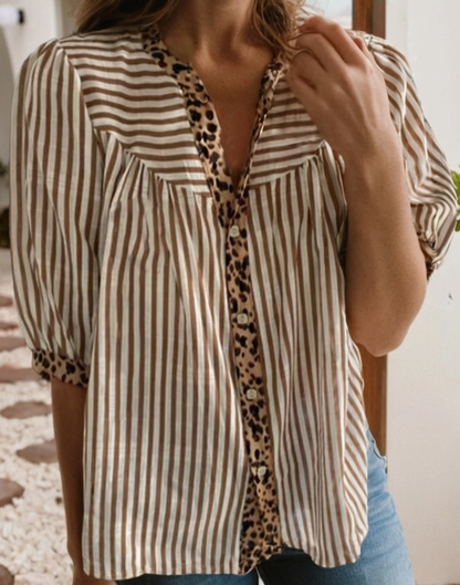 Leopard Trim Button Down Top