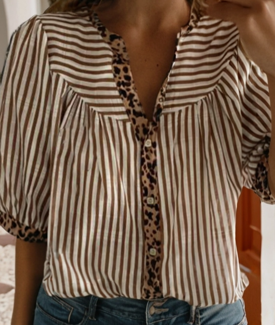 Leopard Trim Button Down Top