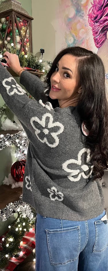 Charcoal Sweater w/Floral Accents