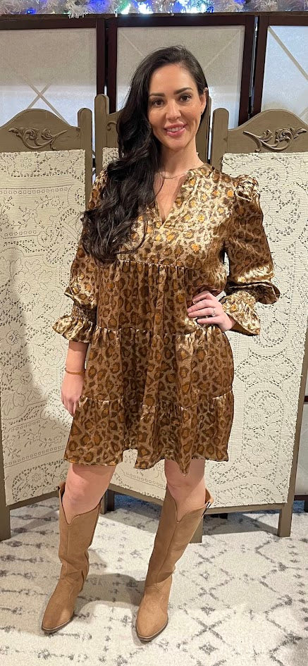 Brown Blend Leopard Tiered Dress